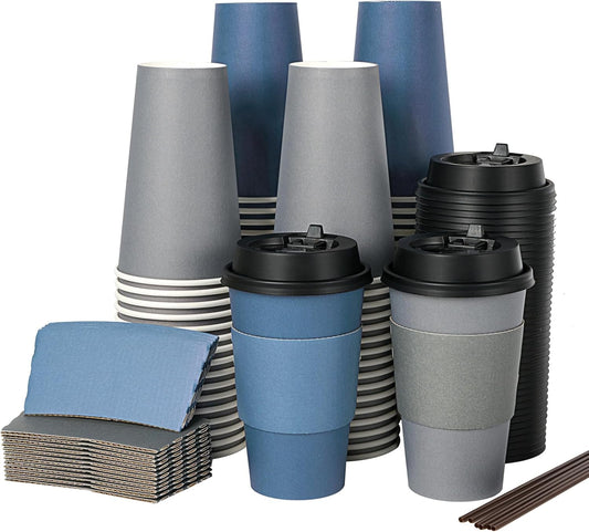 LITOPAK 100 Pack 16 oz Disposable Paper Coffee Cups with Lids, Sleeves and Stirring Sticks for Hot Coffee, Water or Juice, Blue and Gray Hot Paper Cups for Cafes, schools, offices, shops