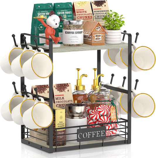 EsLuker.ly Coffee Mug Cup Holder Stand Bar Station Organizer for Countertop, Multi-Functional 2 Tier Mug Tree Rack for Kitchen, Storage Shelf with 12 Hooks, Light Grey-Black(Patented Design)