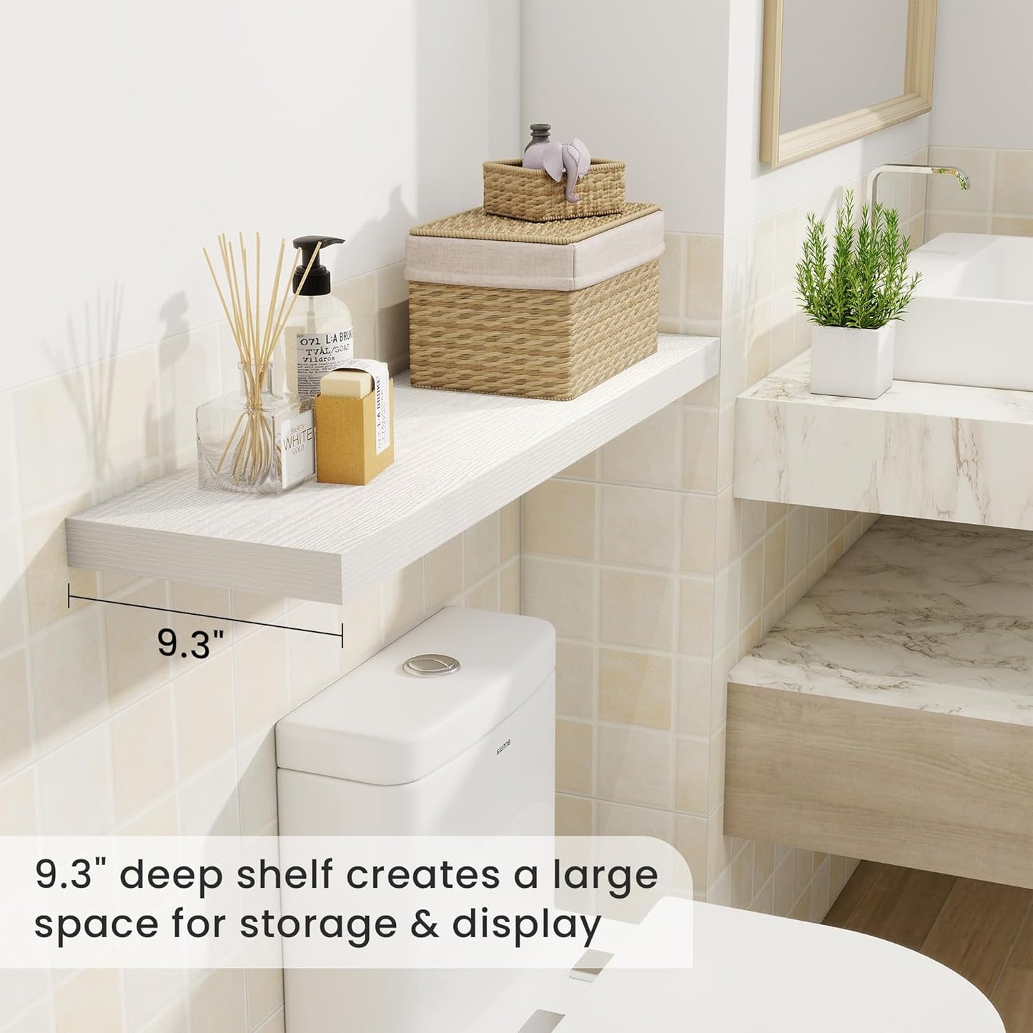 36 Inch Floating Shelves, 9.3 Inch Deep Rustic Wall Shelves - Extra Deeper Wall Mounted Storage Shelves for Bathroom, Kitchen, Living Room (White, Set of 2)