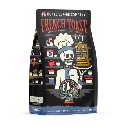 Bones Coffee Company French Toast, Sweet and Buttery Flavored Coffee, Medium Roast Low Acid Arabica Beans Compatible with Auto drip and French Press Coffee Maker, 12 Oz Ground