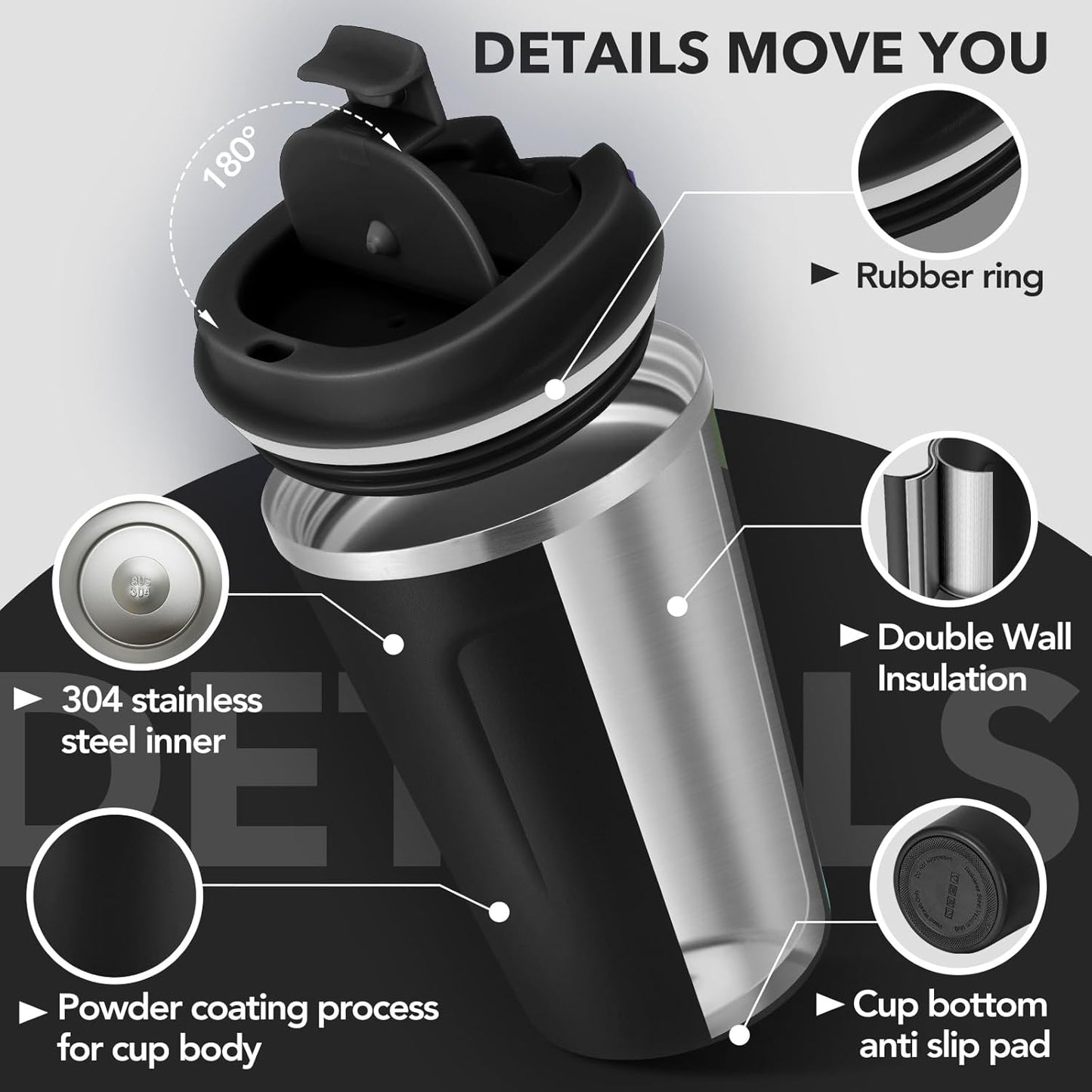 Volhoply 12 oz Double Wall Insulated Vacuum Travel Coffee Mugs with Flip Lid Bulk 2 Pack,Reusable Stainless Steel Leak Proof Coffee Cup,Portable Thermal Tumbler for Cold & Hot Drinks(Assorted,2 Set)