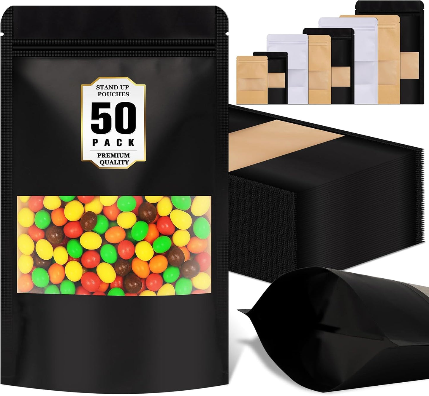 Jetmore-50pcs-Smell-Proof-Bag, Resealable Zip Lock Bags Various Sizes, Reusable Snack Bags, Stand Up Packing Bags with Window, Small Brown Paper Pouches for Candy, Nuts, Spice, Sample, Product