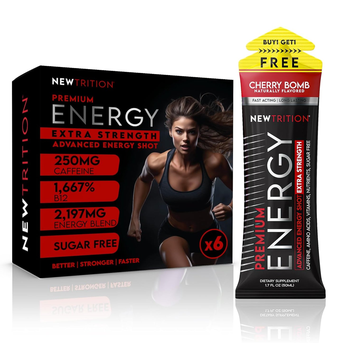 NewTrition® Extra Strength Energy Shots, 250mg Caffeine Energy Shots with Vitamin B & Amino Acids, Sugar-Free Vitamin Energy Shot, 1.7 fl oz (Pack of 6, Cherry Bomb)