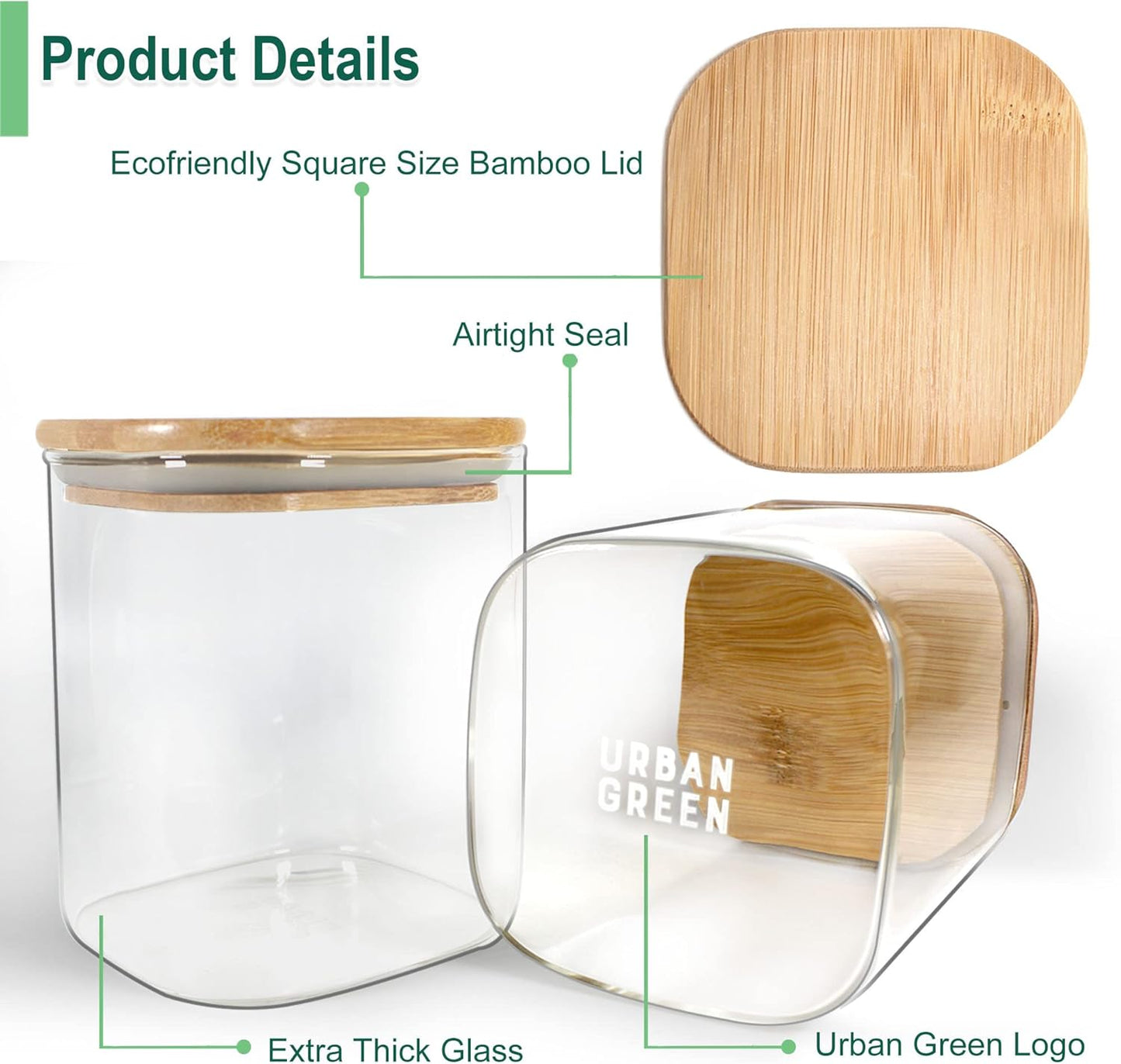 Urban Green Glass Jars with Bamboo Lids, Square Glass Jar with airtight lids, 6 pack of 28oz, Food Storage Containers with bamboo lids, Panty Jars