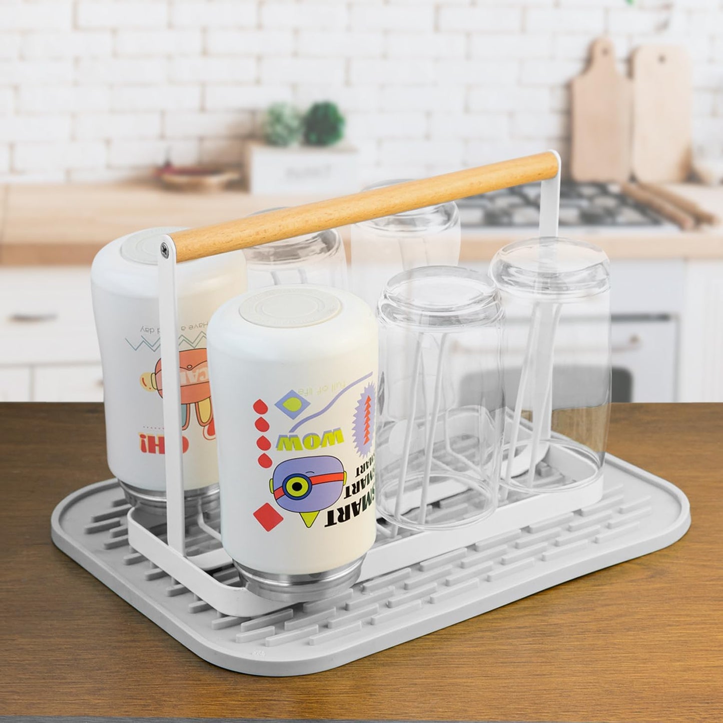 Cup Drying Rack Stand, 6 Cup Metal Drainer Holder Rack Non-Slip Mugs Cups Organizer with Wood Handle, White