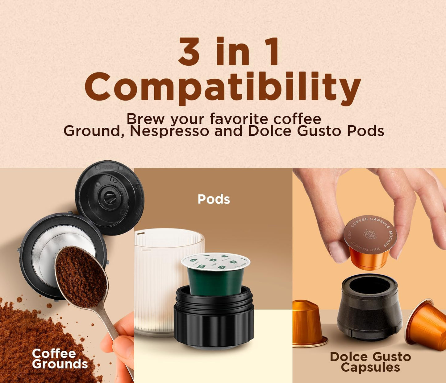 3-in-1 Portable Coffee Maker – Electric Espresso Machine for Travel – Compatible with Ground Coffee, NS & DG Capsules – USB-C Rechargeable Portable Espresso Maker (White)