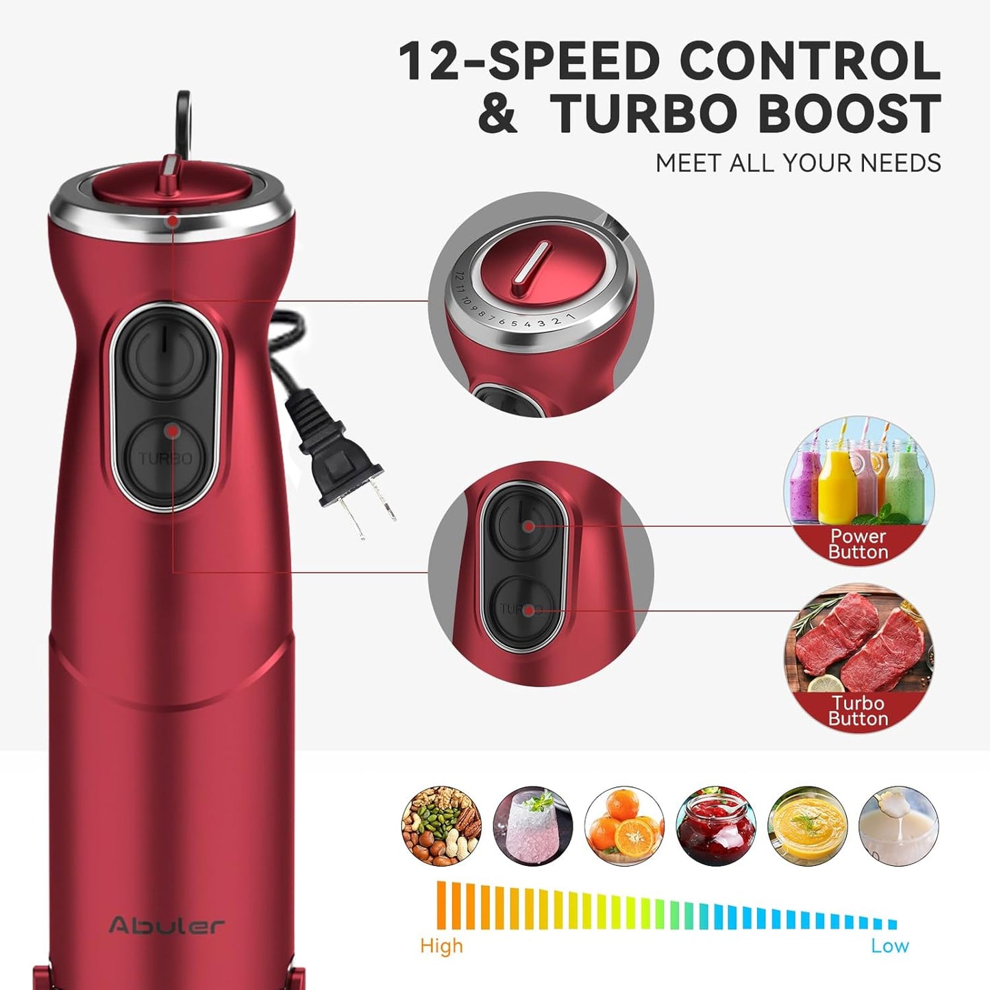 Immersion Blender 5 in 1 Hand Blender, Abuler 1000W Hand Mixer Stick,12 Speed Handheld Blender 304 Stainless Steel with 600ml Mixing Beaker, 500ml Chopper, Whisk and Milk Frother for Soup, Baby Food