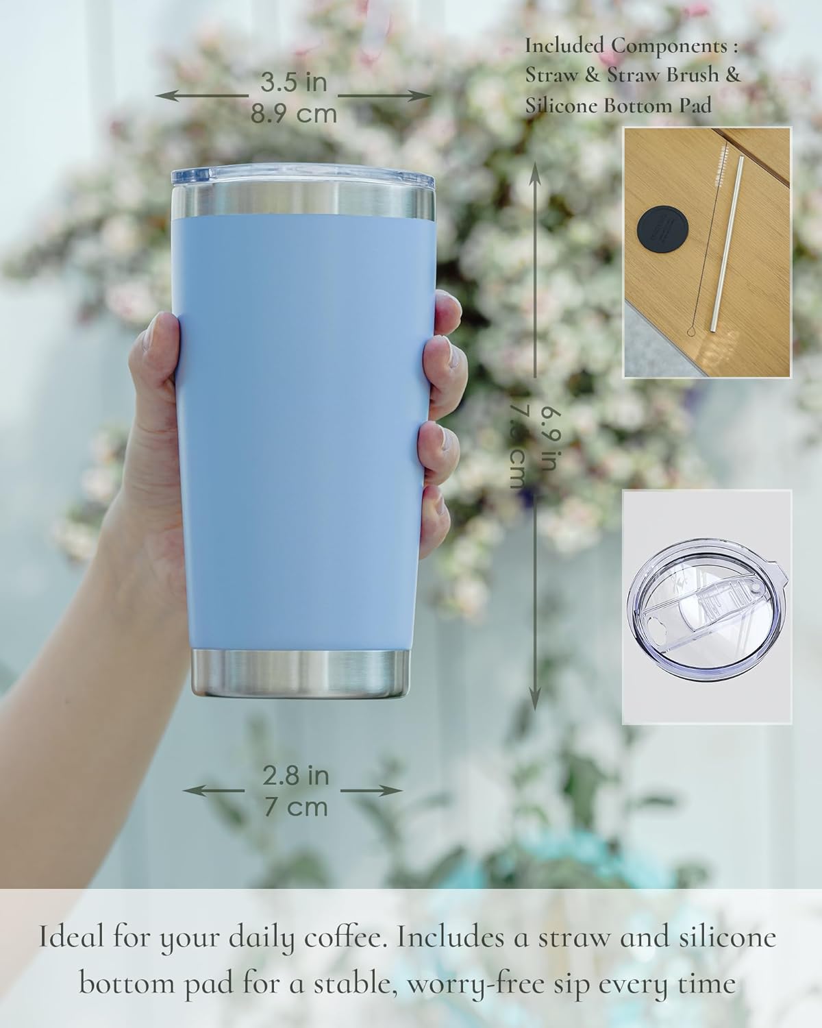 Travel Coffee Tumbler 20oz, 1 Pack Leakproof Travel Coffee Mug with Lid and Straw, Stainless Steel Double Wall Vacuum Insulated Tumbler for Hot/Iced Drinks (Textured Matte, Light Blue)