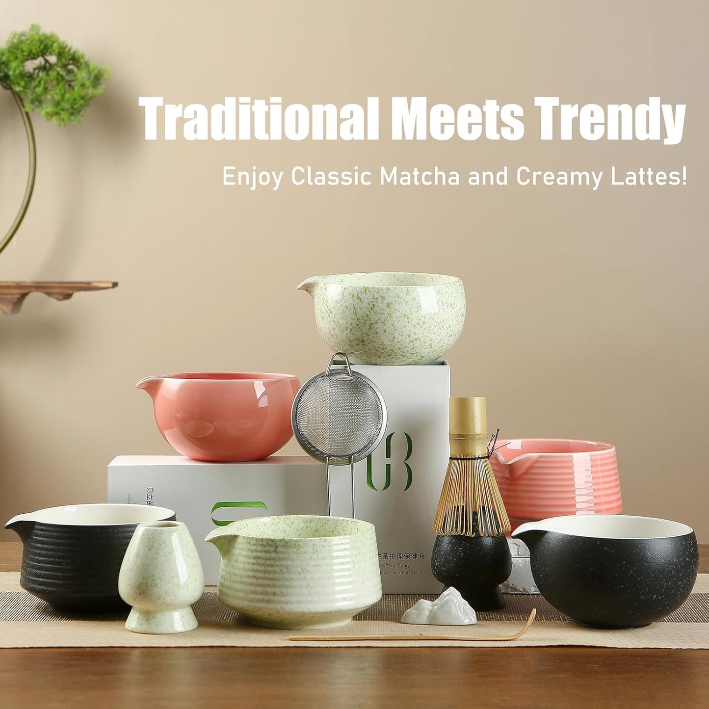 Matcha Whisk Set, Ceramic Matcha Set with Spout, Matcha Bowl Kit with Sifter, Whisk and Holder, Bamboo Scoop, Scoop Rest, Tea Towel, 7 Pcs Matcha Kit Set for Making Breakfast/Latte for Matcha Lovers