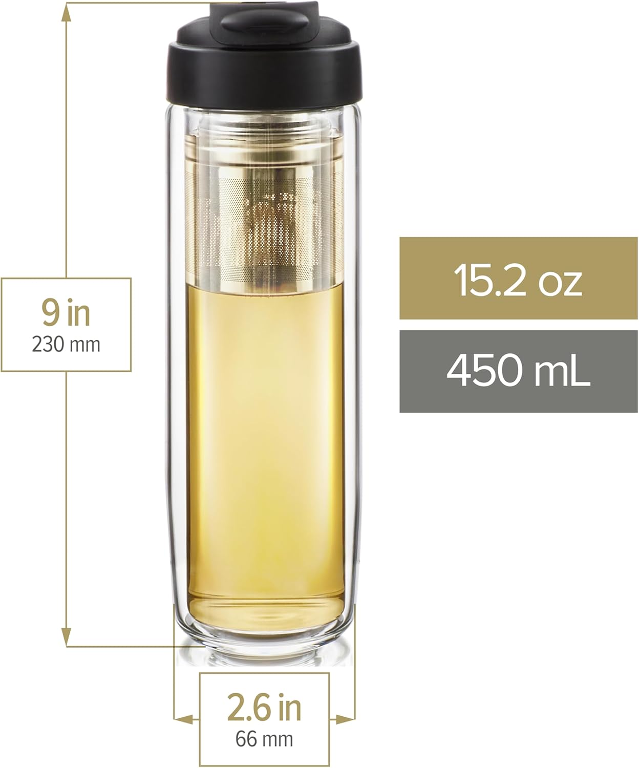 Teabloom Travel Tea Infusing Cup – Insulated Borosilicate Glass Bottle with Magnetic Controlled Infuser and Flip Lid for Hot Tea, Cold-brew Coffee, Fruit Water – The Innovator Tumbler (15oz/450ml)