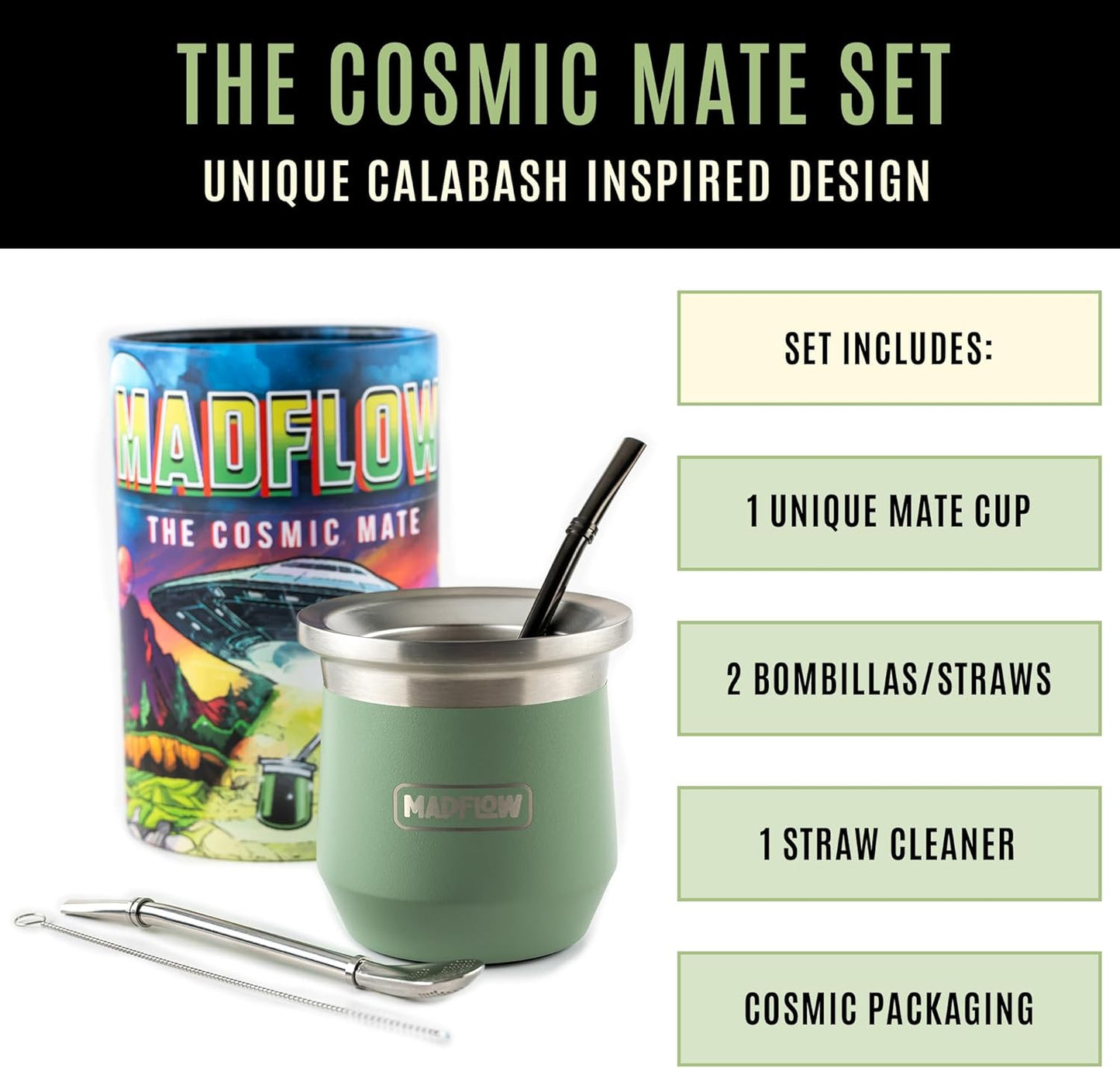 MADFLOW Yerba Mate Cup. Stainless Steel Mate Cup with 2 Bombillas. Double Wall Vacuum Insulated Yerba Mate Gourd. Unique Gourd And Bombilla Set