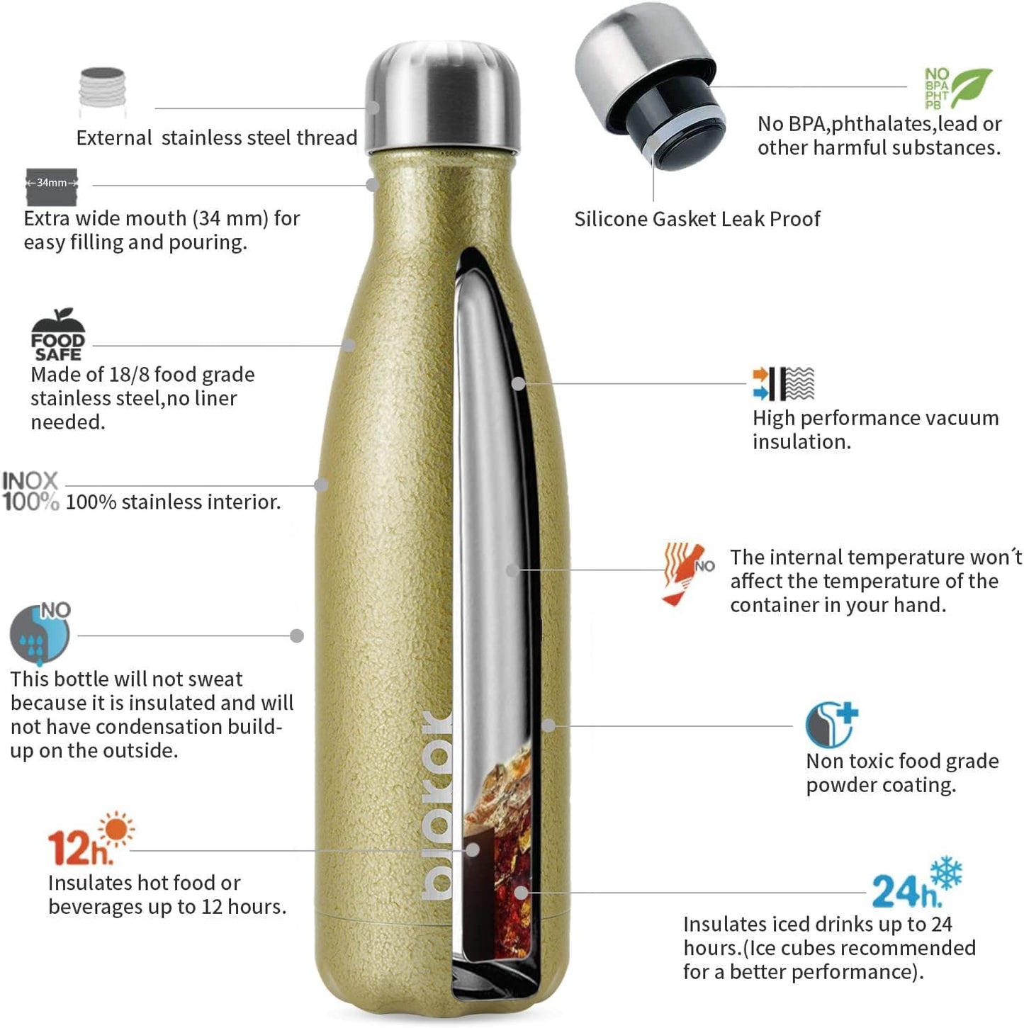 BJPKPK Insulated Water Bottles 17oz,Leak Proof Stainless Steel Water Bottle Keeps Cold for 24 Hours and Hot for 12 Hours, BPA Free,Gold