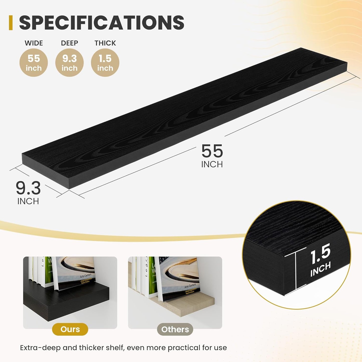 55 Inch Floating Shelves, 9.3" Deep Floating Shelf Wall Mounted, 56" Wall Shelves, Rustic Deep Bookshelf, Large Display Shelves & Storage Shelves for Bedroom, Living Room, Black, Set of 1