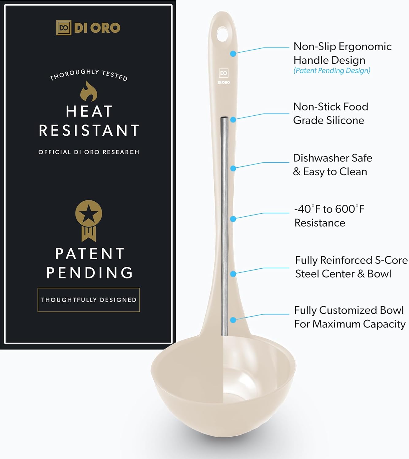 DI ORO Silicone Ladle – Soup Ladle for Cooking & Serving Heat-Resistant - Large Kitchen Soup Ladle Nonstick Cookware Safe - Soup Serving Spoon with Wide Bowl - Silicone Utensil Dishwasher Safe (Clay)