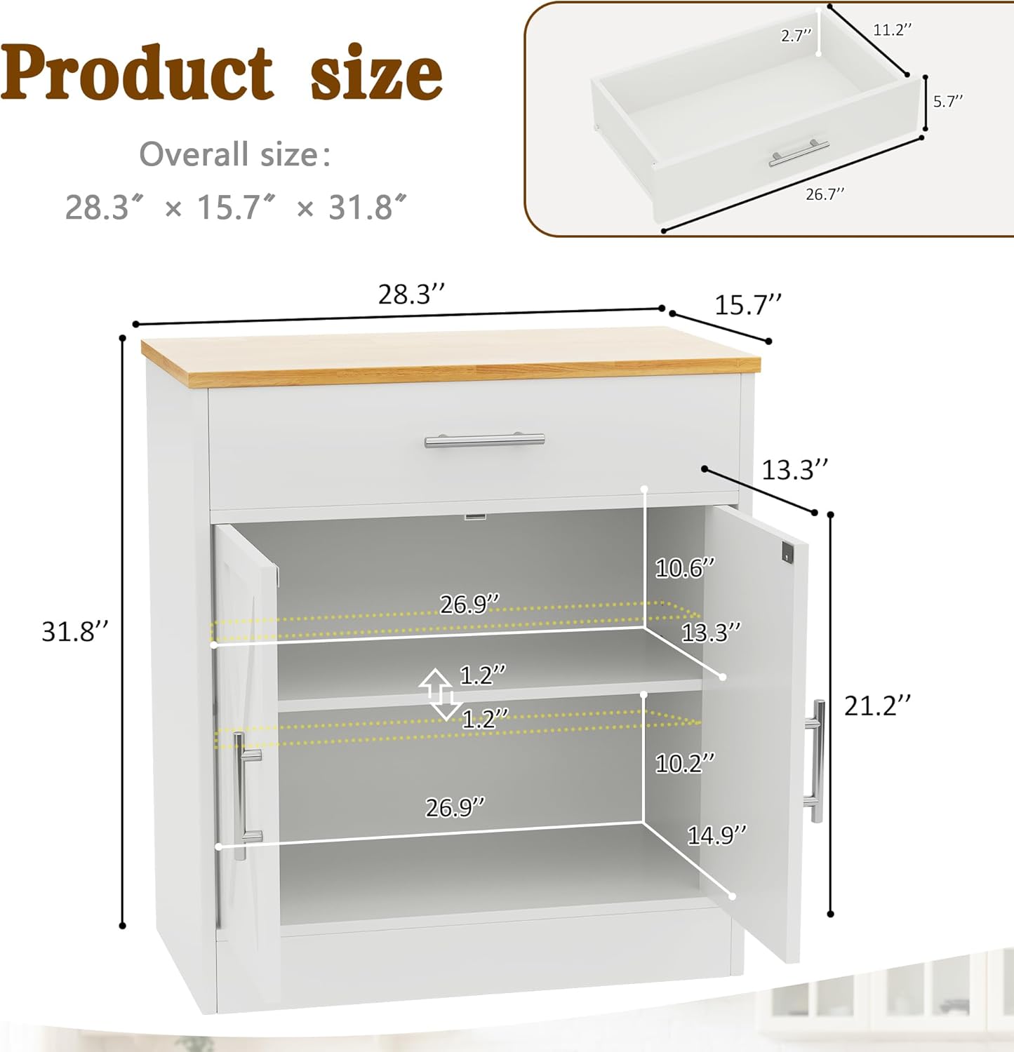 Vongrasig Sideboard Buffet with Storage, Modern Kitchen Storage Cabinet with 1 Drawer and 2 Doors, Wood Coffee Bar Buffet Table for Kitchen, Dining Room, White