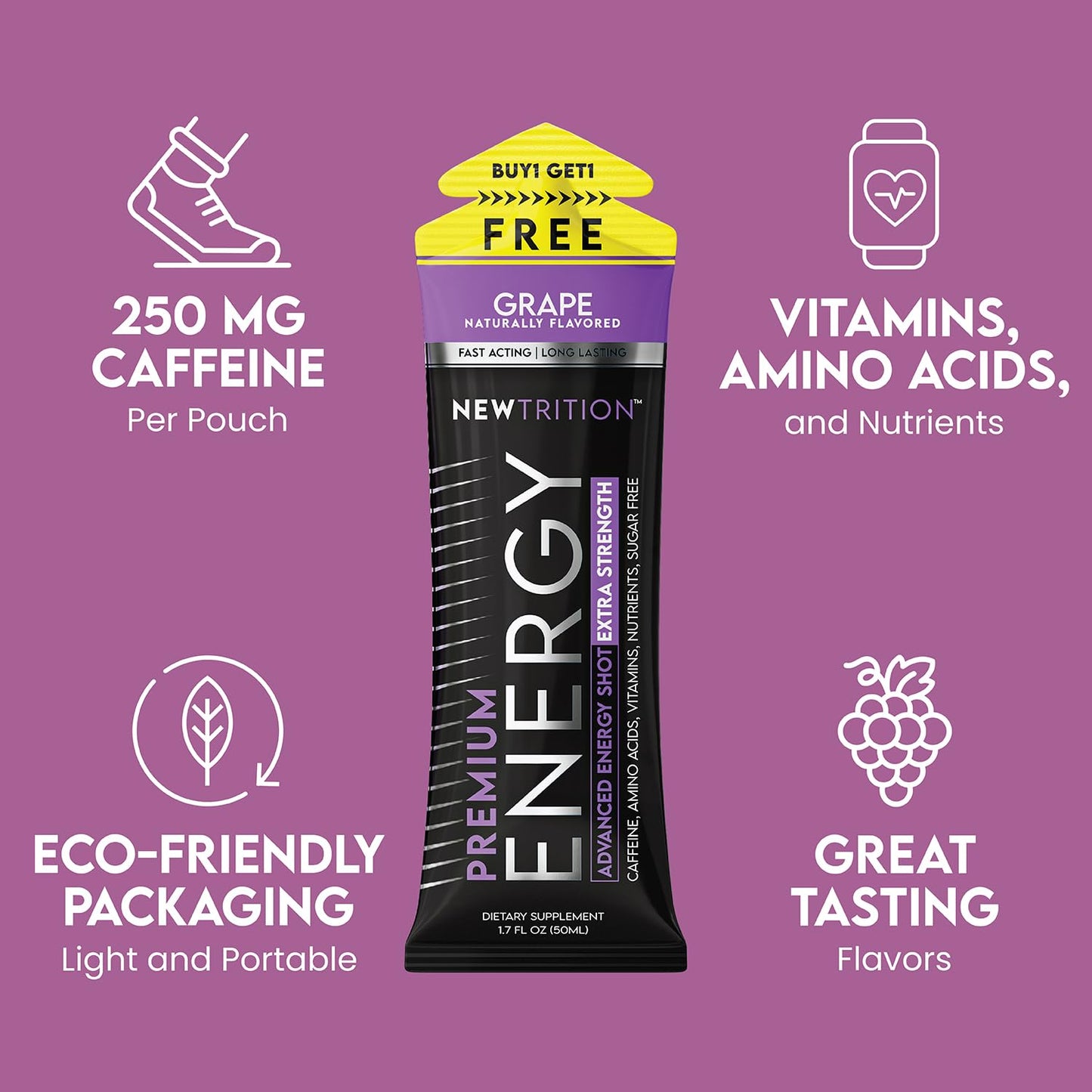 NewTrition® Extra Strength Energy Shots, 250mg Caffeine Energy Shots with Vitamin B & Amino Acids, Sugar-Free Vitamin Energy Shot, 1.7 fl oz (Pack of 24, Grape)