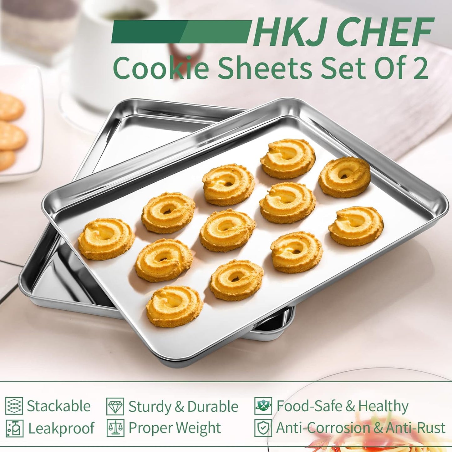 Baking Sheets Set of 2, HKJ Chef Cookie Sheets 2 Pieces & Stainless Steel Baking Pans & Toaster Oven Tray Pans, Rectangle Size 10 x 8 x 1 inch, Non Toxic & Healthy & Easy Clean
