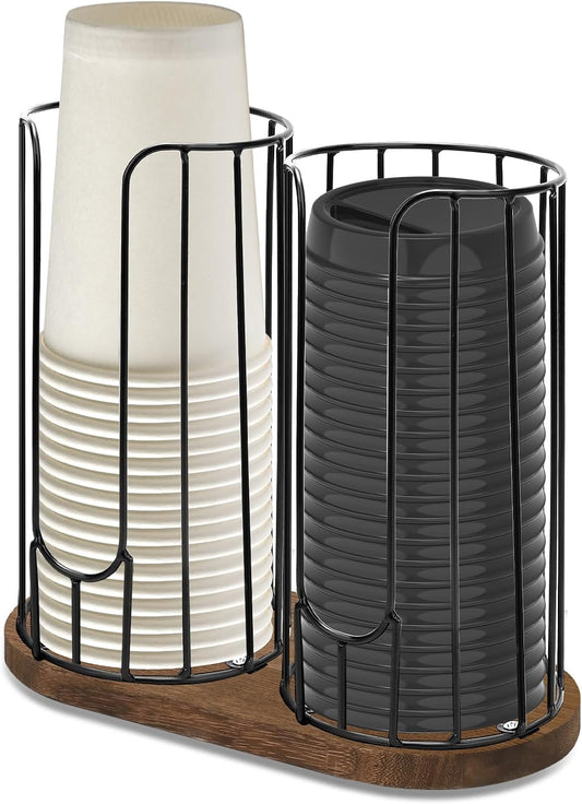 2-Compartment 18oz Coffee Cup Dispenser Rack with Wood Base, Disposable Cup, and Lid Organizer for Countertop - Perfect for Paper Cups, and Lid Organizer