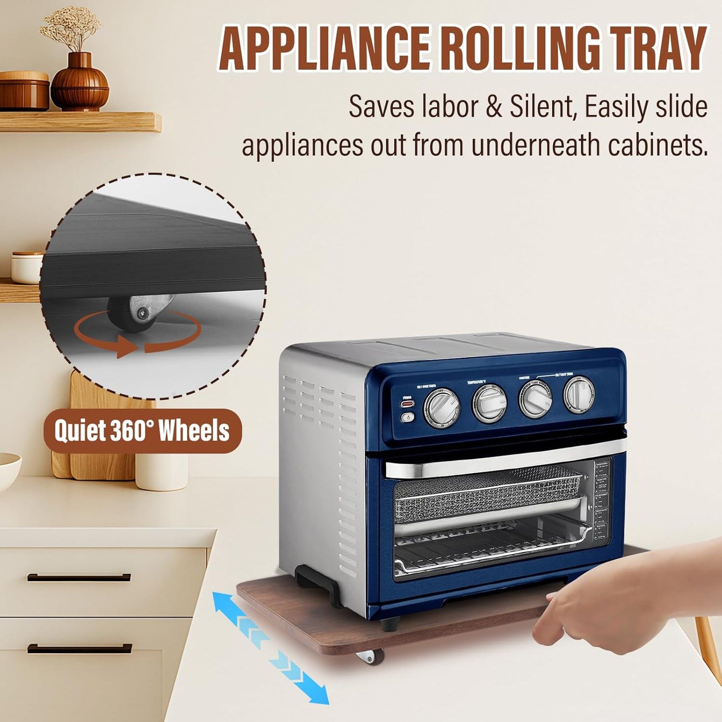 360° Appliance Slider Sliding Tray, Coffee Maker Rolling Tray for Counter Under Cabinet Coffee Pot Mat for Espresso Machine, Toaster, Air Fryer, Quiet Wheels, Black (Large 15.7"×13")