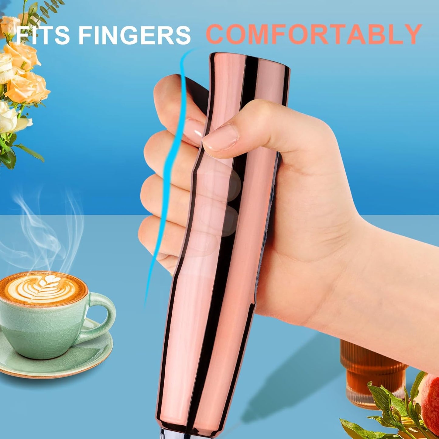 YUSWKO Rose Gold Handheld Milk Frother Wand for Coffee, Rechargeable Electric Whisk with 3 Heads 3 Speeds Drink Mixer Coffee Frother For Latte, Cappuccino, Hot Chocolate, Egg