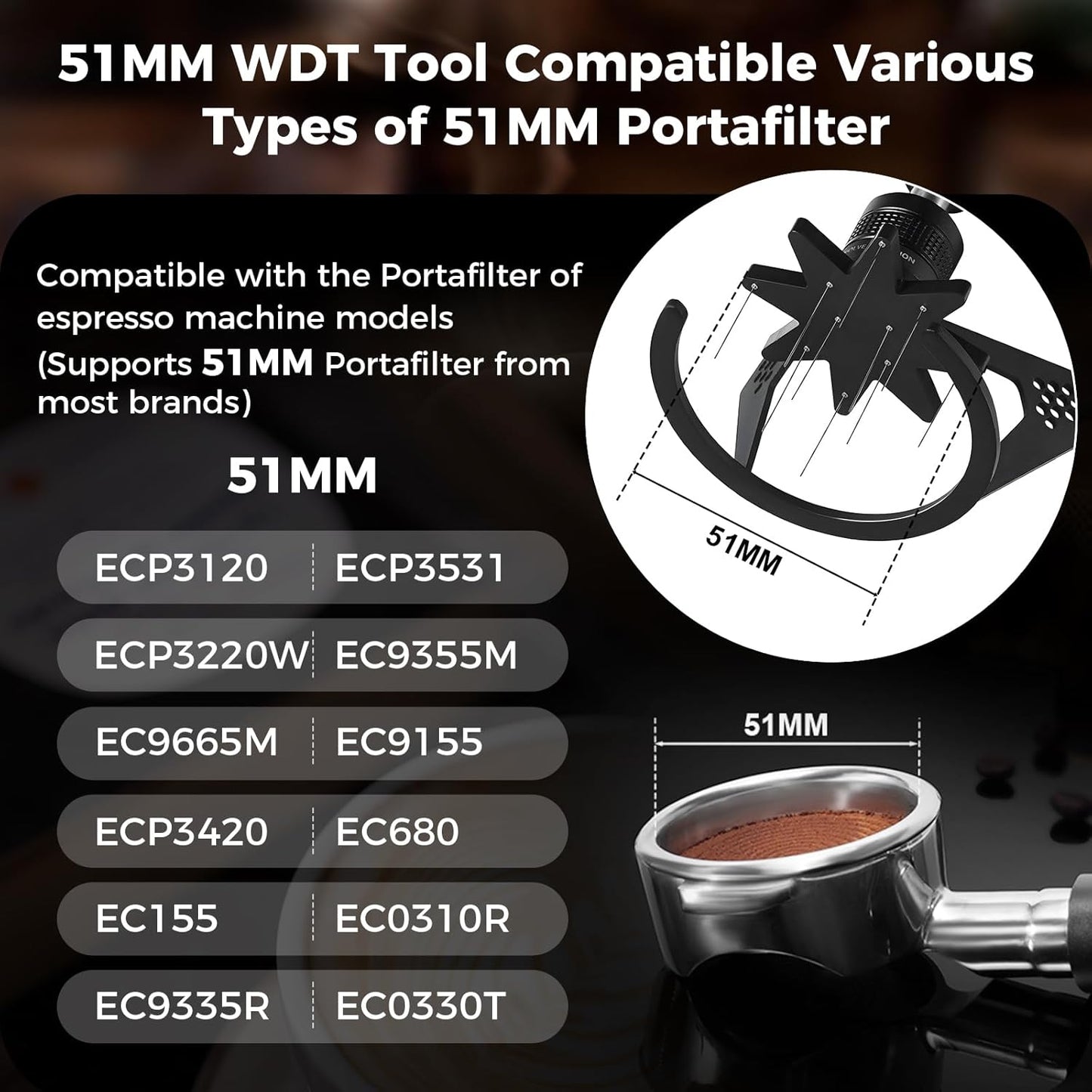 IKAPE Mantis WDT Distribution Tool with Clean Brush, 51mm Espresso Stirrer Distribution Tool for Barista - 8 Needle Espresso Stirrer with Dosing Funnel & Stand, Adjustable Needle Height, Walnut Handle