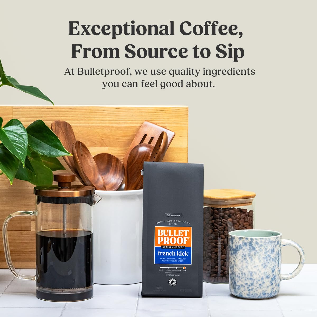 Bulletproof French Kick Dark Roast Whole Bean Coffee, 12 Ounces, Clean Coffee Tested for Toxins, Packaging May Vary