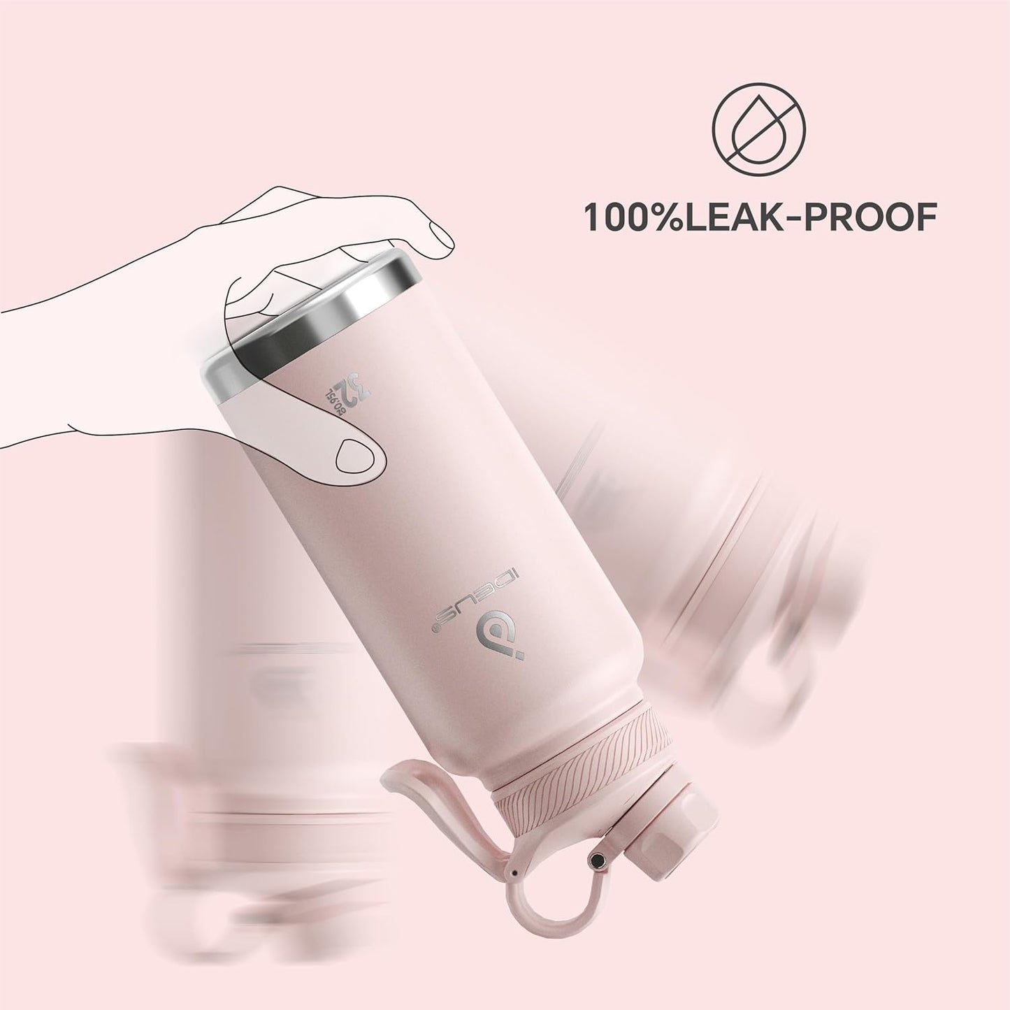 IDEUS Insulated Stainless Steel Water Bottle with 2 Leak-Proof Lids, Thermal Water Flask for Hiking Biking, 32oz, Light Pink
