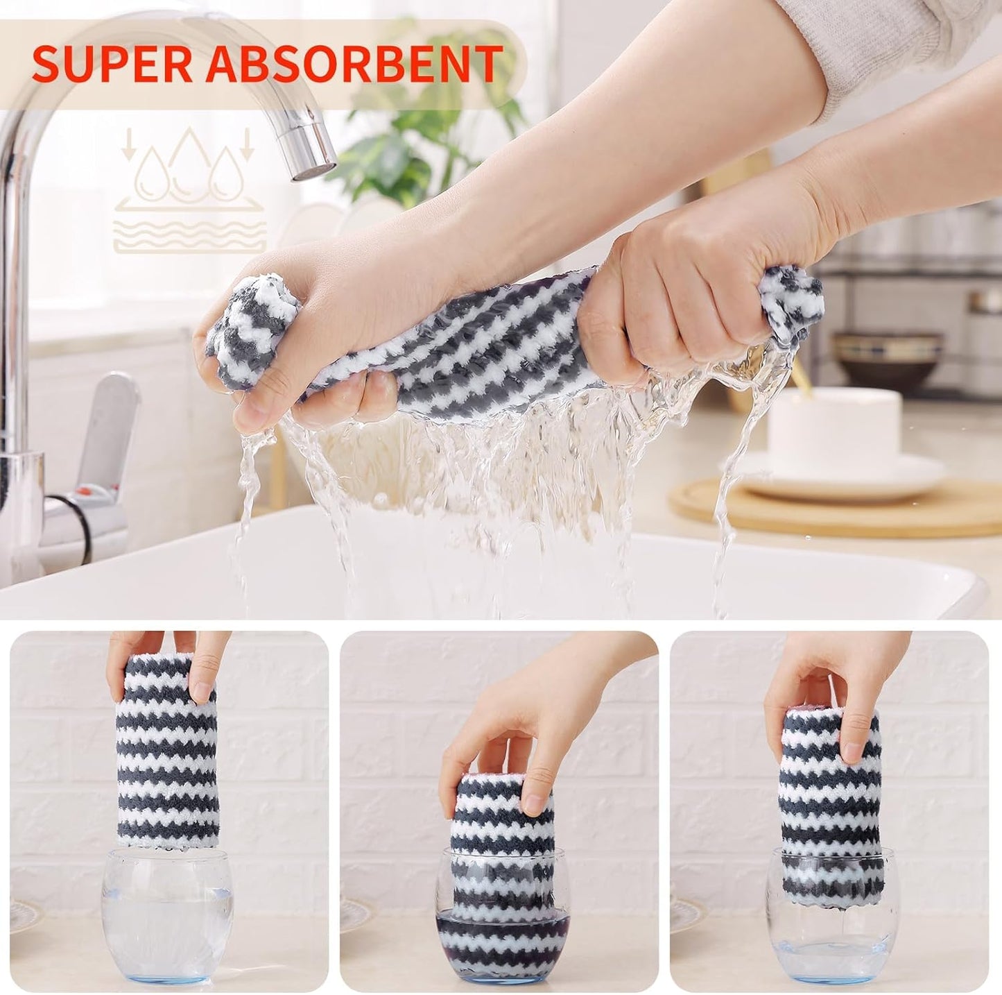 Homaxy 24 Pack Kitchen Dish Cloths, Ultra Soft and Absorbent Dish Towels, Reusable Fast Drying Microfiber Cleaning Cloth, Coral Velvet Wave Design No-lint, 10 x 10 inches, Dark Grey