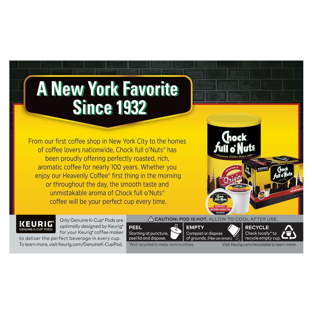 Chock Full o'Nuts Heavenly Hazelnut Coffee, Compatible with K-Cup Pods, 12 CT (Pack of 3)