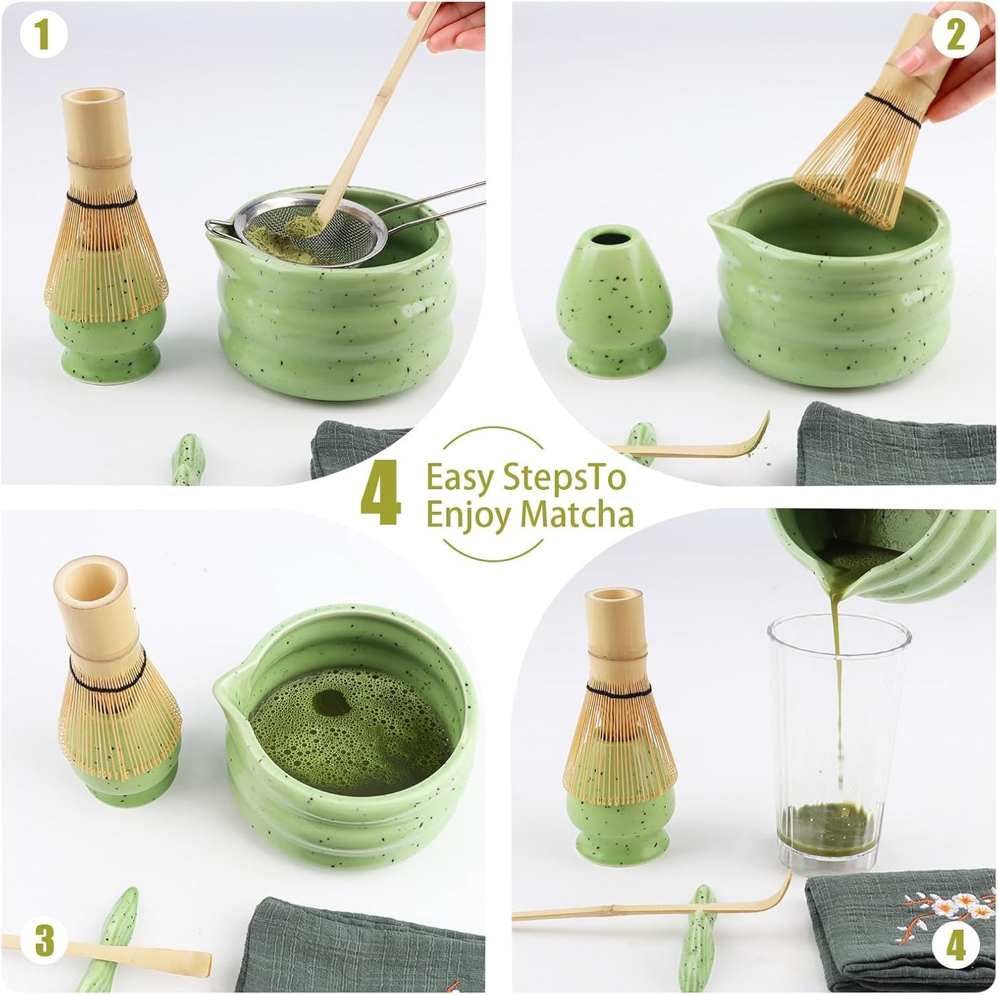 Goldmeet Matcha Set 7 Pcs Matcha Green - Japanese Tea Ceremony Kit with Bowl, Whisk, Holder, Scoop, Strainer - Matcha Gift Set