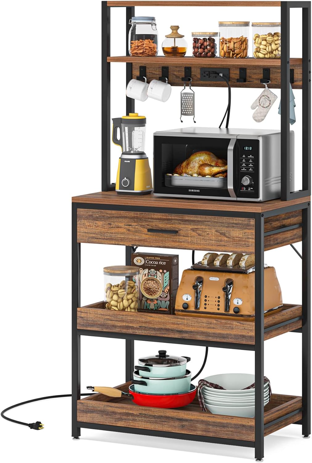 LITTLE TREE Kitchen Baker’s Rack with Power Outlets, Freestanding 5-Tier Microwave Stand with Drawers & Sliding Shelves, Coffee Bar with 6 Hooks for Dining Room Living Room, Rustic Brown