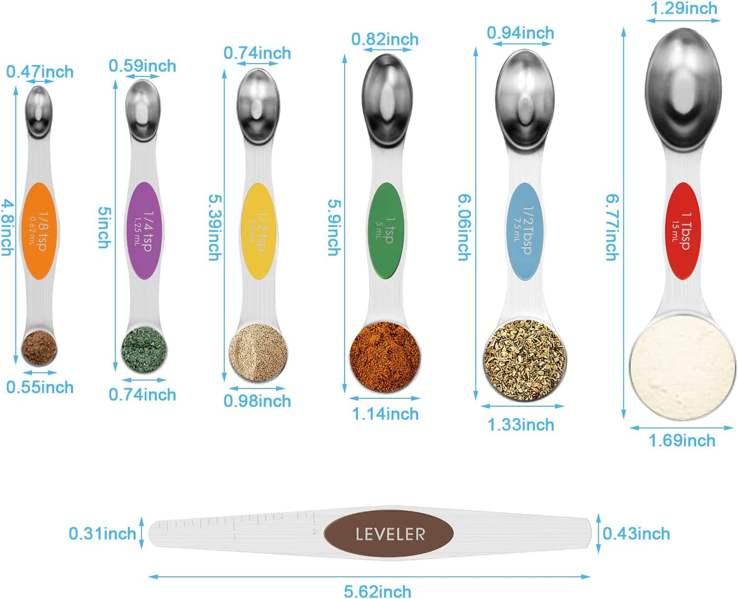 Aovchei 7 PCS Magnetic Measuring Spoons Set, Dual Sided, Stainless Steel Small Tablespoon, Teaspoons, Fits in Spice Jars, for Dry and Liquid, MultiColor