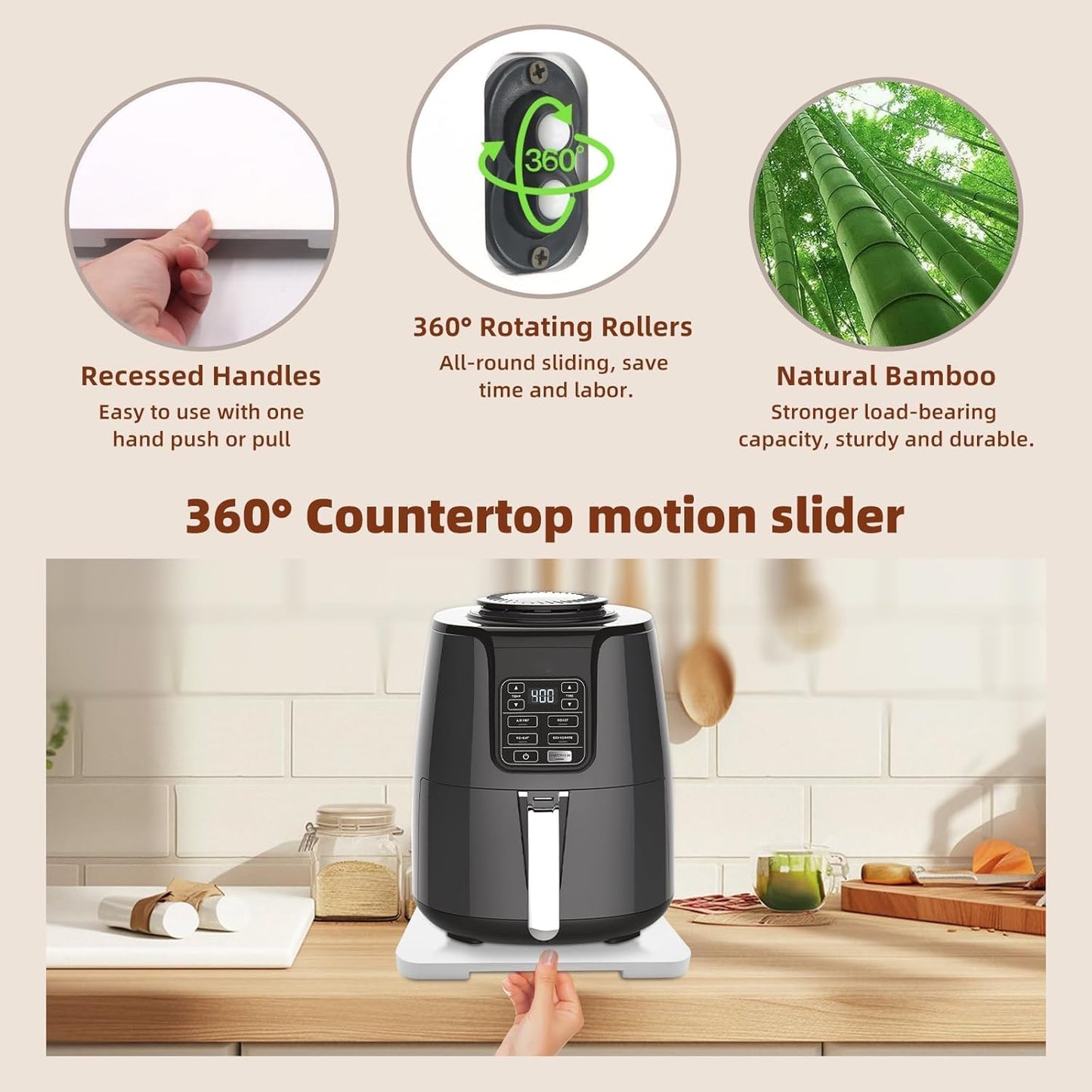 360° Rolling Tray Bamboo Appliance Slider, Appliance Sliders for Kitchen Appliances Sliding Tray for Coffee Maker Appliances Mat Easily from Under The Cabinet White(13.9"×9.4")