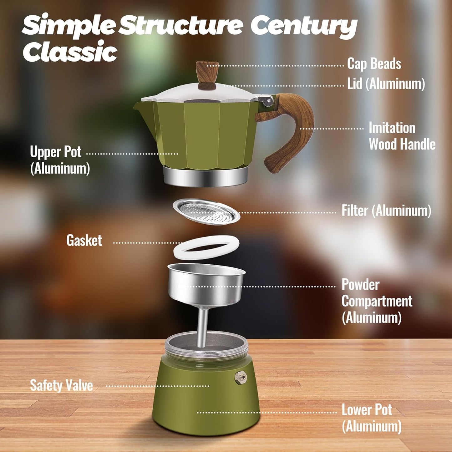 6 Cup Aluminum Moka Pot Classic Stovetop Espresso Coffee Maker 300ml 10oz Coffeemaker Percolator Mocha Pot Greca Coffee Maker Cafe Makers for Italian and Cuban Café Brewing Green