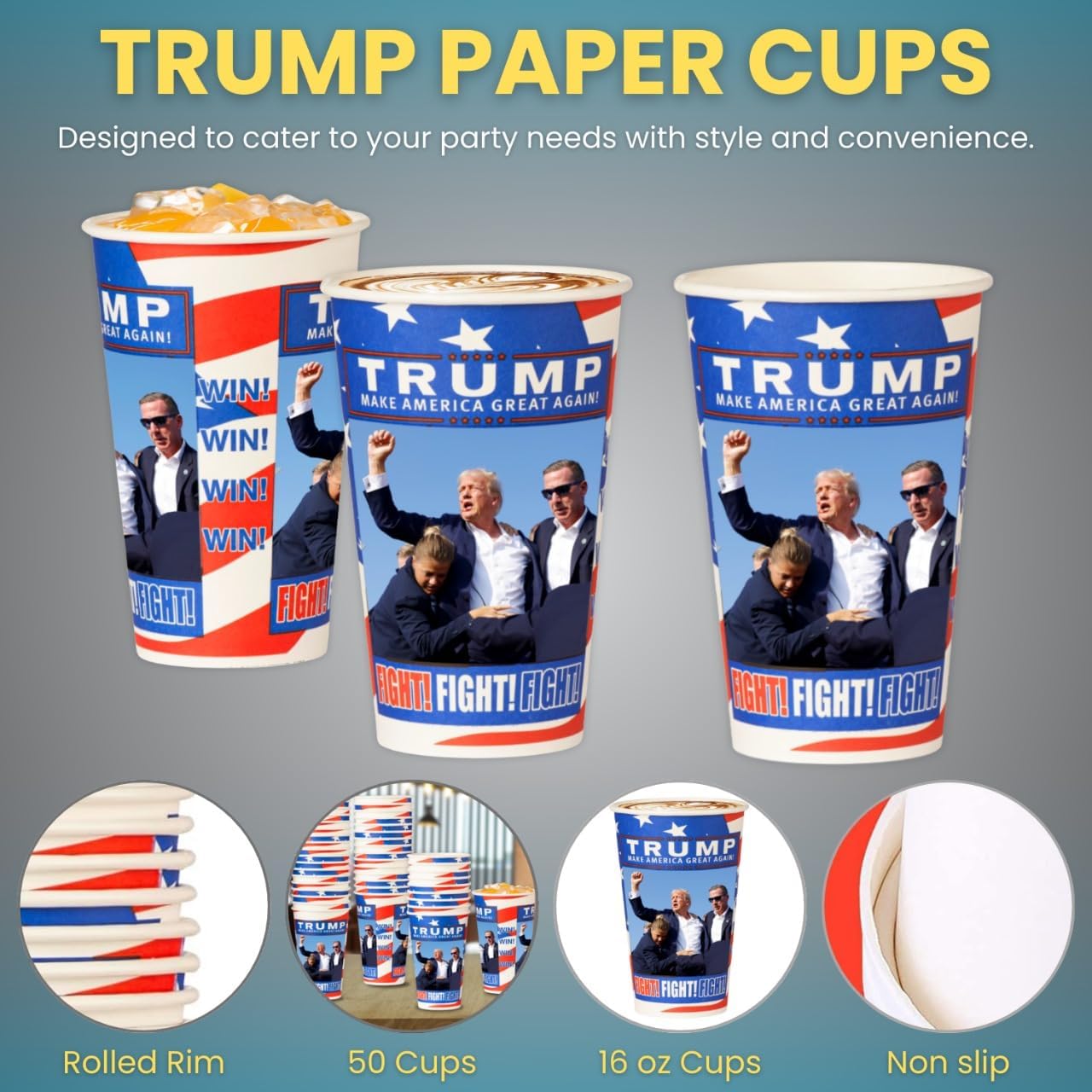 Smygoods Trump Design Disposable Paper Coffee Cups (16 OZ, 50 Count) For Hot Beverages, Tea, Espresso, Cocoa - To Go Drink Containers, Café & Office