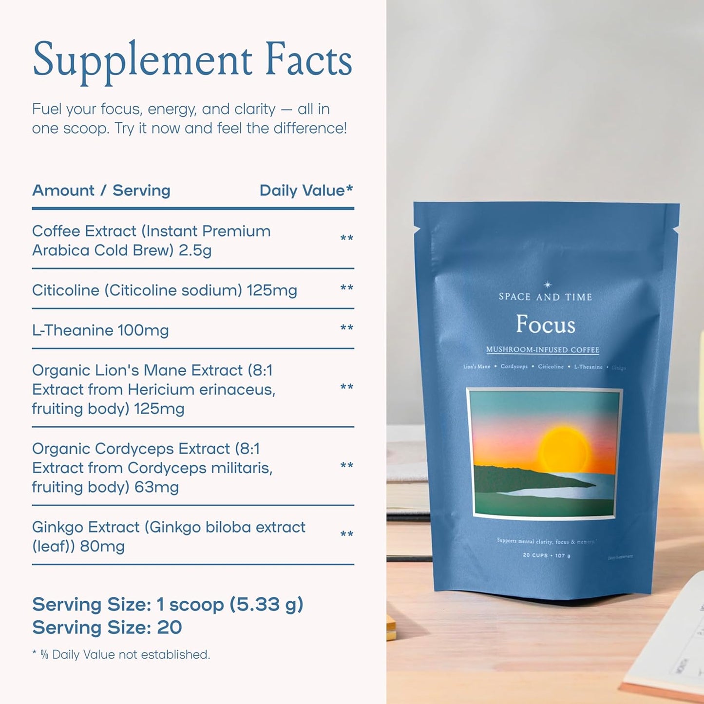 SPACE AND TIME Focus - Mushroom Coffee - 20 Cups of Focus, Productivity & Clean Energy - Instant Mushroom Coffee with Lions Mane, Cordyceps & L-Theanine