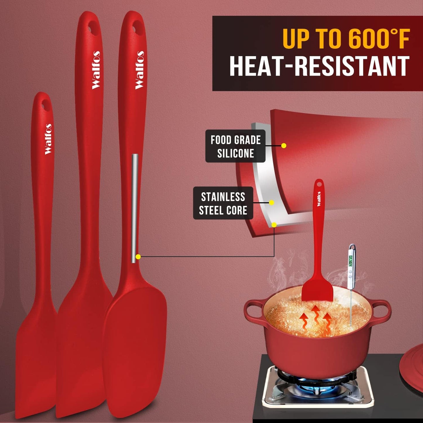 Walfos Silicone Spatula Set of 5-600°F Heat Resistant Kitchen Scraper Spatulas, Strong Steel Core and One-Pieces Seamless Design, Great for Cooking Mixing & Baking - BPA Free & Dishwasher Safe (Red)