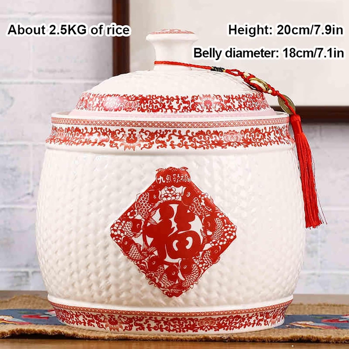 Chinese Sealed Large-Capacity Rice Pot, Ceramic Rice Bucket With Tassel Design, Grain Storage Ceramic Container, Rice Dispenser Airtight Storage Bucket For Grains Snacks Candy Coffee Beans Food(C,Capa