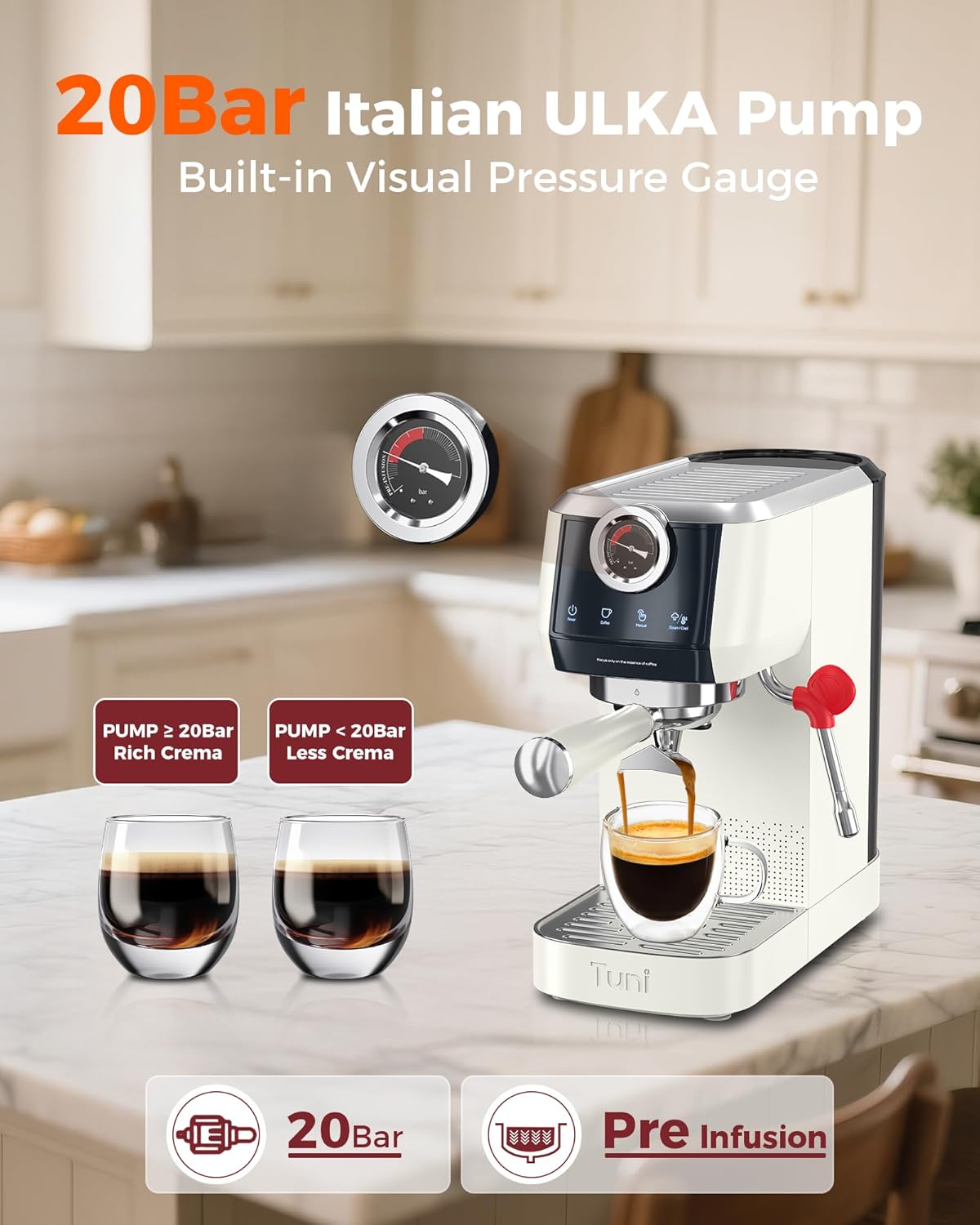 Tuni E2 58mm Espresso Machine 20Bar, Dual Boiler Espresso Maker with 10mm Steam Milk Frother, Semi-automatic Coffee Machine with UKLA Pump for Espresso,Cappuccino, Gift for Coffee Lover