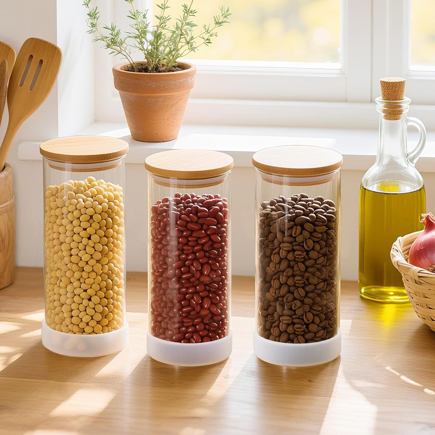 34oz Round Glass Storage Containers with Bamboo Lids – 6 Pack Clear Food Airtight Glass Jars for Pantry Organizers and Storage, Kitchen Dry Food, Flour, Cereal, Coffee Beans & Staples