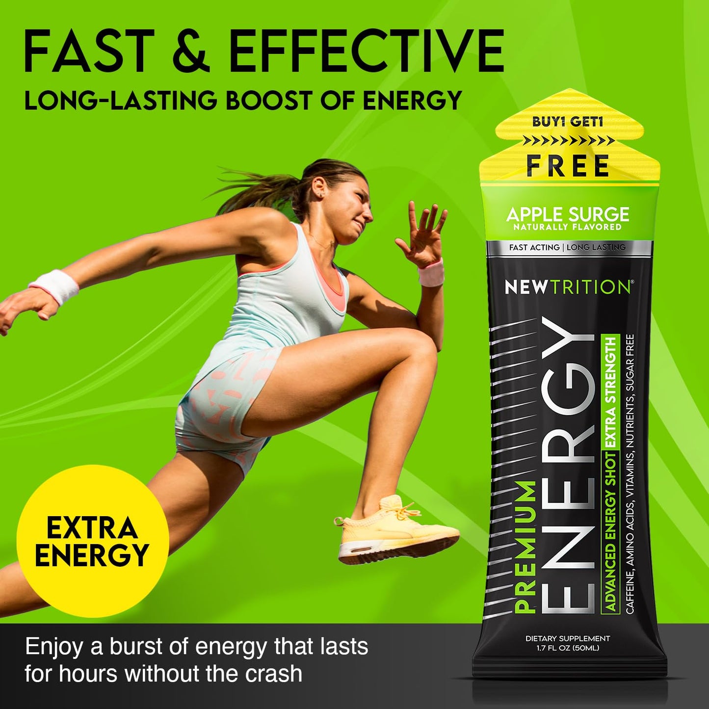 NewTrition® Extra Strength Energy Shots, 250mg Caffeine Energy Shots with Vitamin B & Amino Acids, Sugar-Free Vitamin Energy Shot, 1.7 fl oz (Pack of 12, Apple Surge)