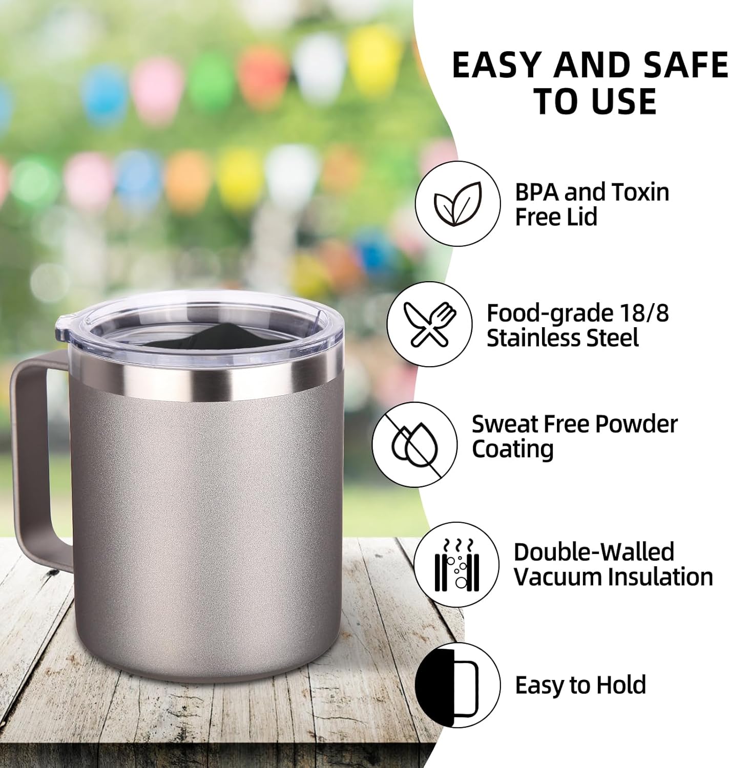 Volhoply 14oz Insulated Stainless Steel Coffee Mug with Lid Bulk 2 Pack,Double Wall Vacuum Travel Coffee Cup with Handle,Reusable Metal Cups Tumbler,Camping Mugs Keep Hot,Ideal Gifts(Gray,2 Set)