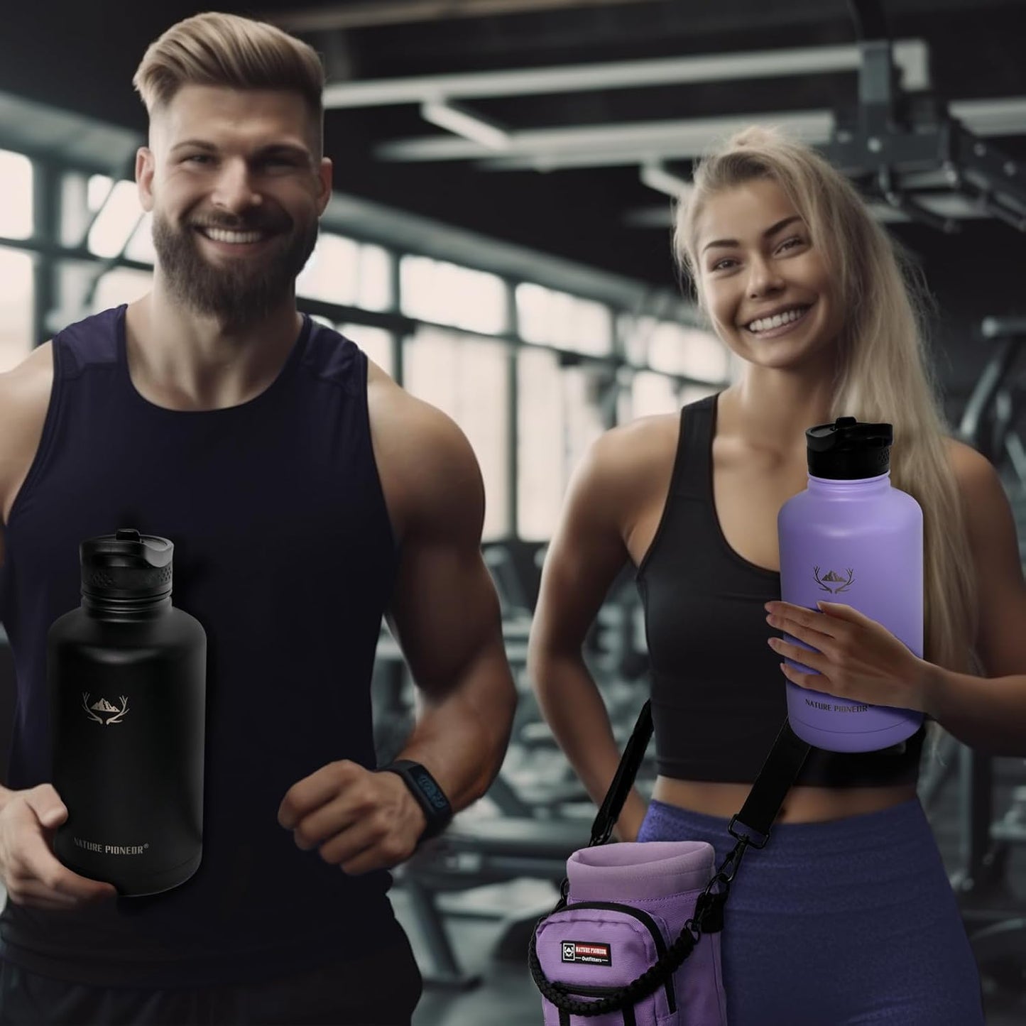 NATURE PIONEOR Insulated Water Bottles with Straw - 64oz Stainless Steel Vacuum Bottle with Holder/Carrier/Sleeve - Reusable 18/8 Food Grade Half Gallon Water Jug