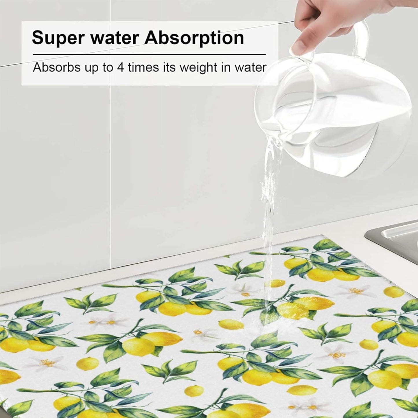 Tropical Lemon Leaves Dish Drying Mat, Highly Absorbent Microfiber Kitchen Counter Pad Reusable Washable, 16*18"