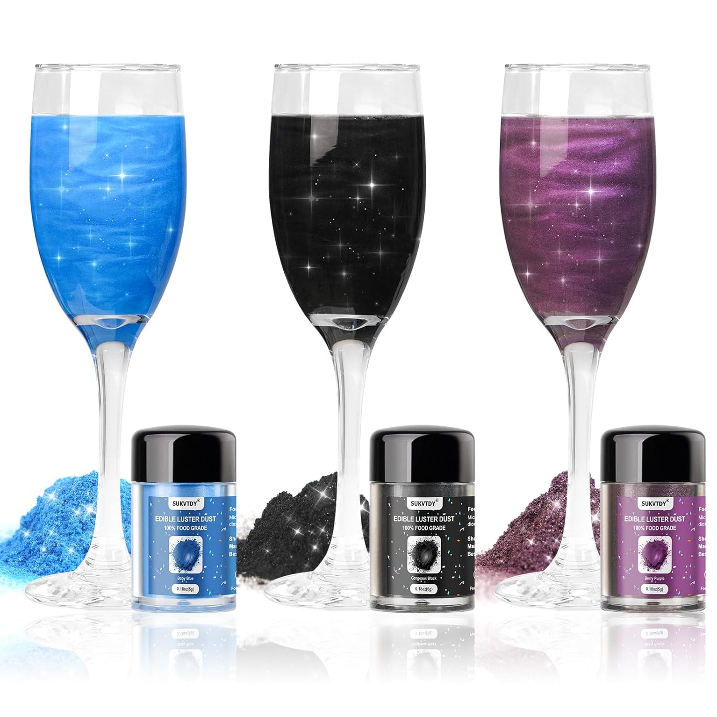 Edible Glitter for Drinks, 3 Colors Luster Dust Edible Set, 5g Food Grade Drink Glitter for Cakes Cookies Drinks Chocolate Decoration