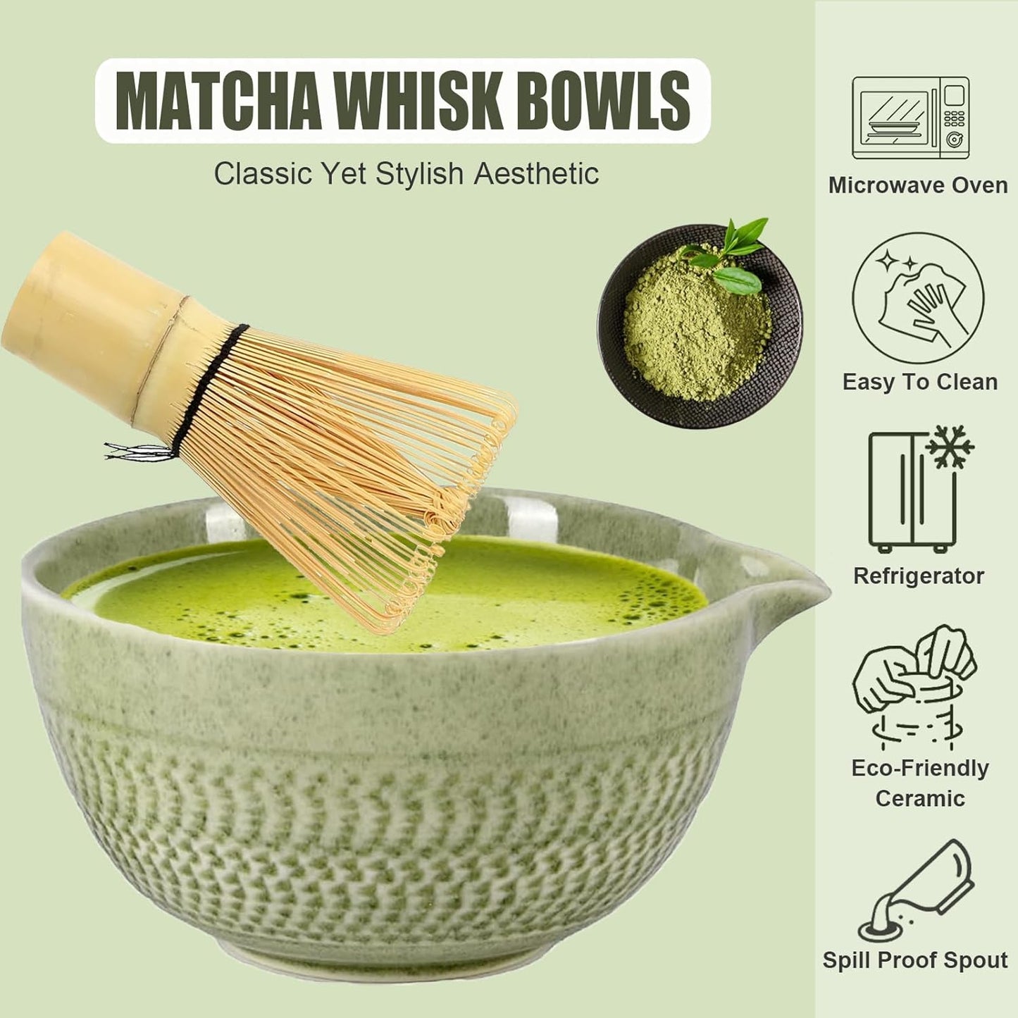 Ceramic Japanese Style Matcha Bowl Whisk Holder Temperature Resistant Braid Textured Matcha Tea Bowl Set With Spout for Trip (Green)