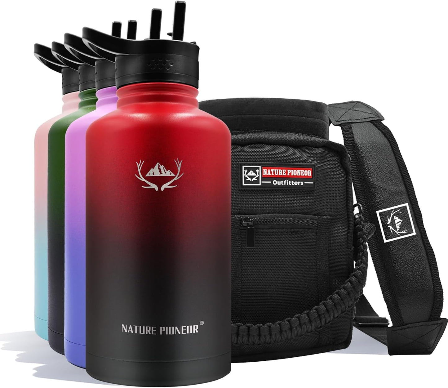 NATURE PIONEOR Insulated Water Bottles with Straw - 64oz Stainless Steel Vacuum Bottle with Holder/Carrier/Sleeve - Reusable 18/8 Food Grade Half Gallon Water Jug