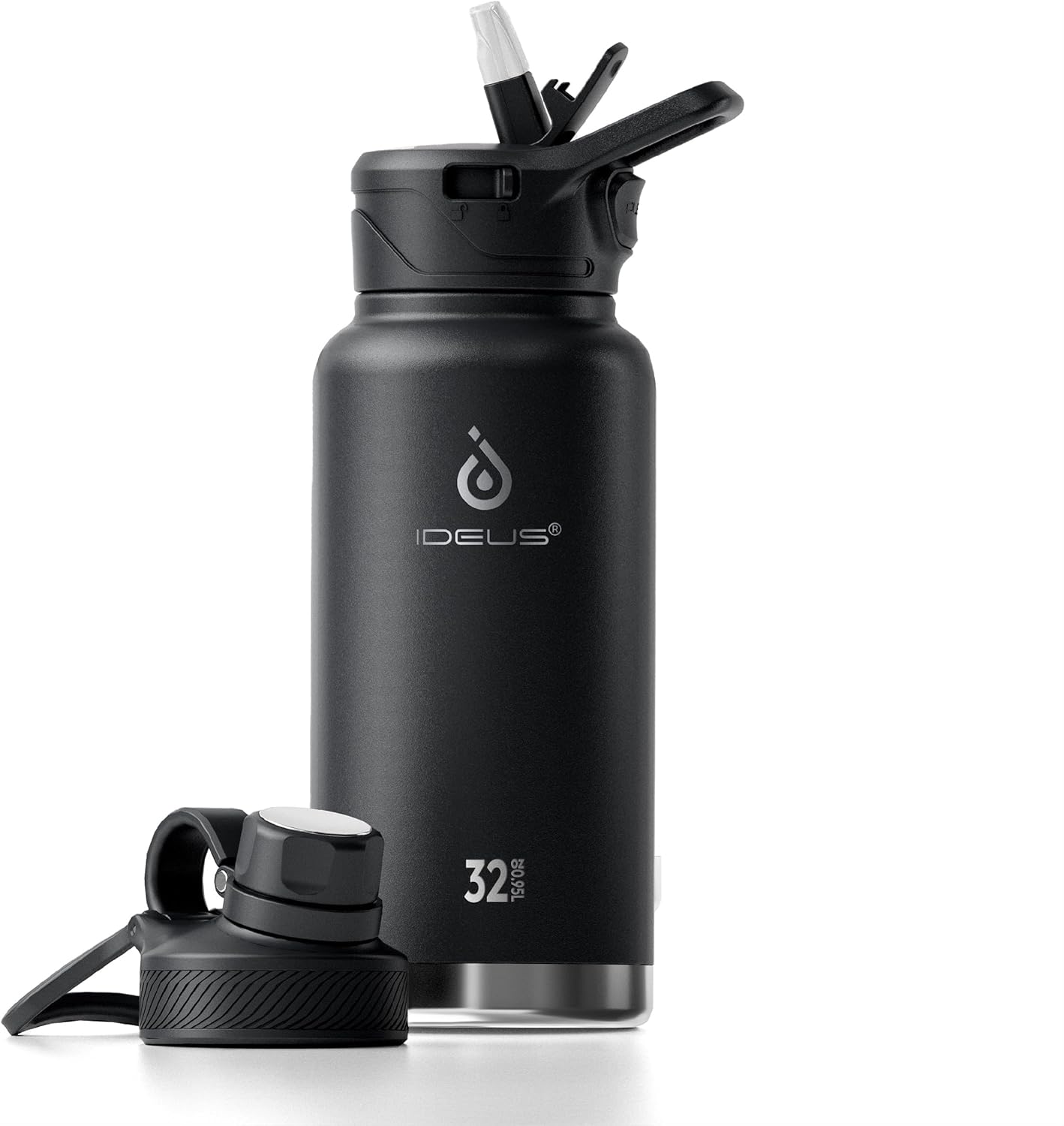 IDEUS Insulated Stainless Steel Water Bottle with 2 Leak-Proof Lids, Thermal Water Flask for Hiking Biking, 32oz, Black