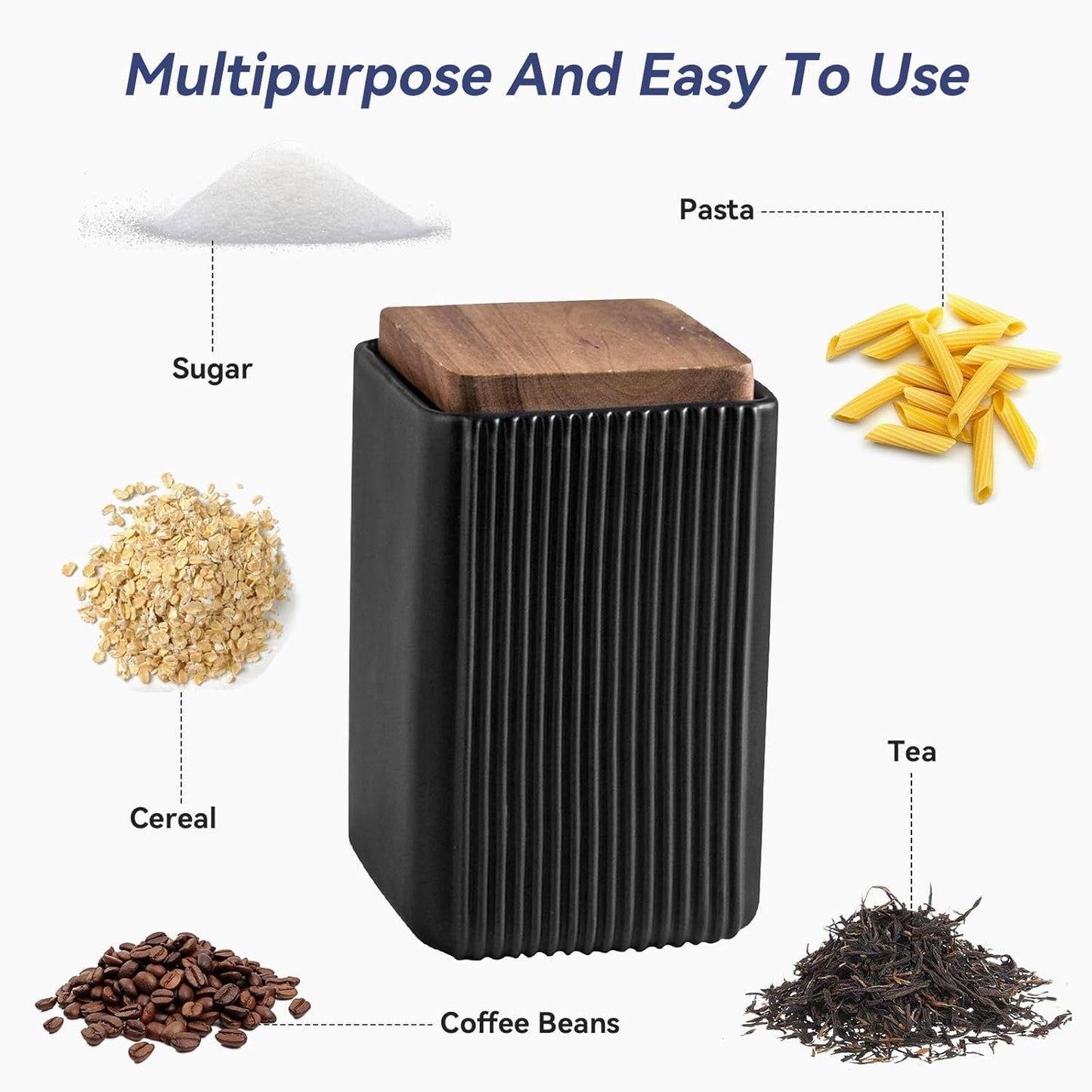 Ceramic Storage Jars Modern Elegant Polished Airtight Gorgeous Storage Canisters with Wooden Lid Small Food Stroage Jar for Kitchen Spice Tea Vanilla Sugar Coffee Beans (Black,Small size,13cm*10cm)