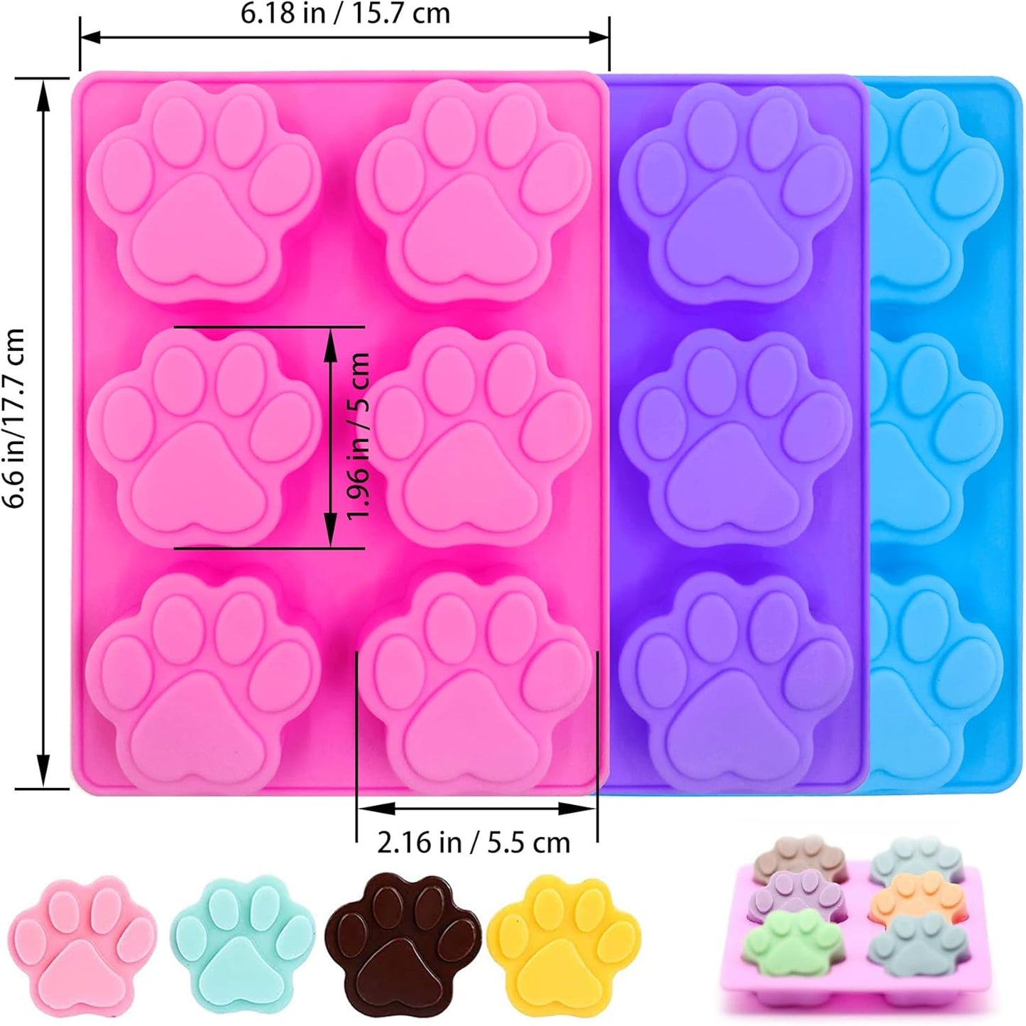 Puppy Dog Paw and Bone Silicone Molds, 2-in-1 and 6-in-a-row Dog Paw Molds,Non-Stick Food Grade,for Chocolate, Candy, Pudding, Jelly, Dog Treats-Set of 6 Pcs